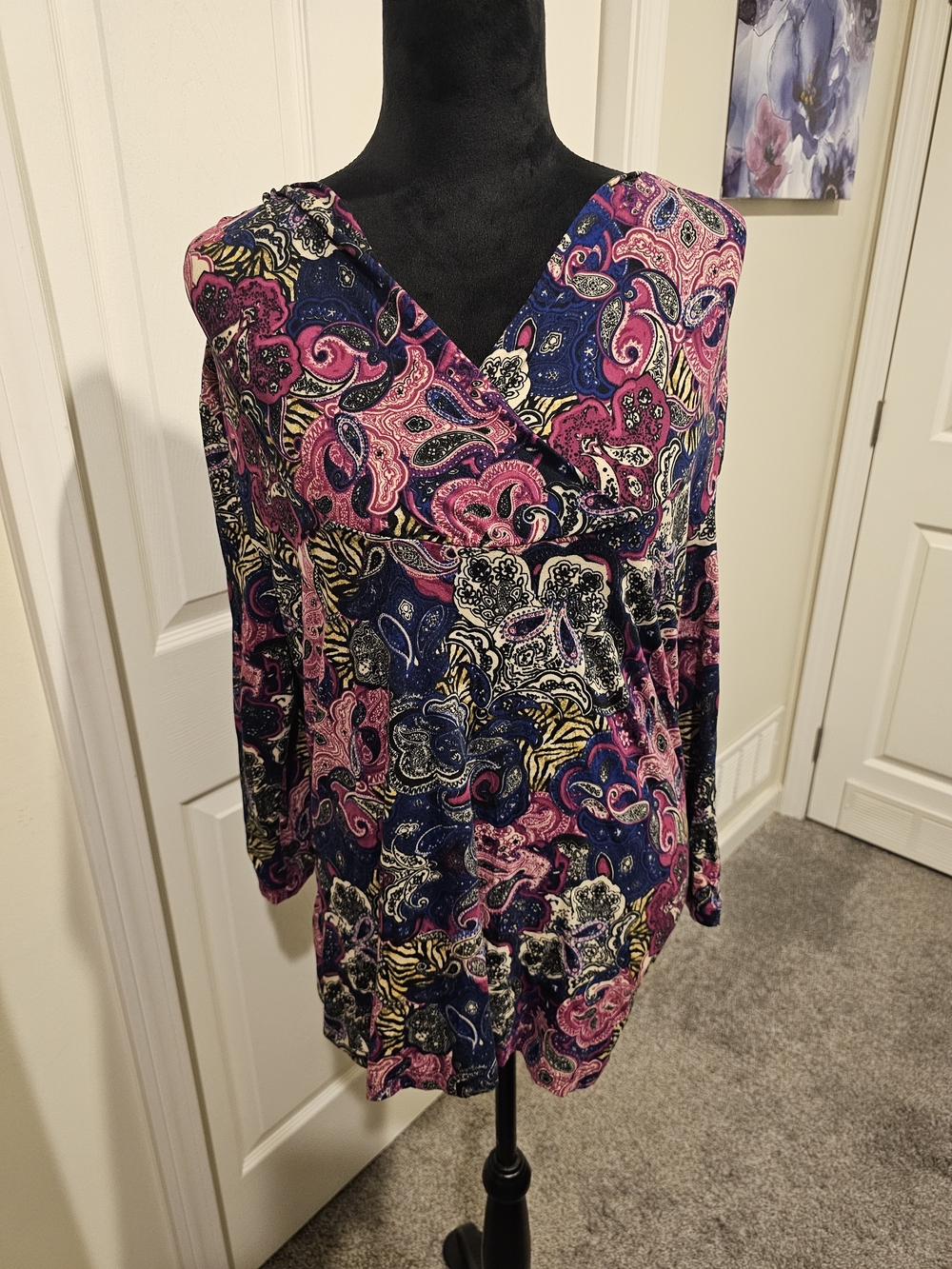 Vintage Suzie Pink, Blue & Yellow Paisley Wrap-Style Long Sleeve Dress